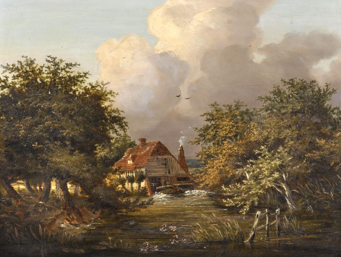 Manner of James Stark (1794-1859) British. A Watermill: Manner of James Stark (1794-1859) British. A Watermill in a Landscape, Oil on Panel, Inscribed on a label on reverse, 13.25" x 17.5".