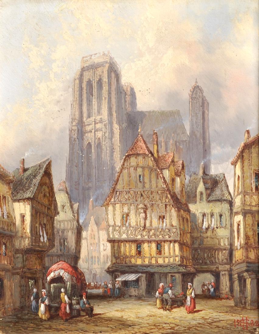 Henry Thomas Schaefer (1815-1873) British. "St Wulfran: Henry Thomas Schaefer (1815-1873) British. "St Wulfran (Vulfran), Abbeville", a French Street Scene with Figures in the foreground, Oil on Panel, Signed with Monogram and Dated 1888, and Inscribed on