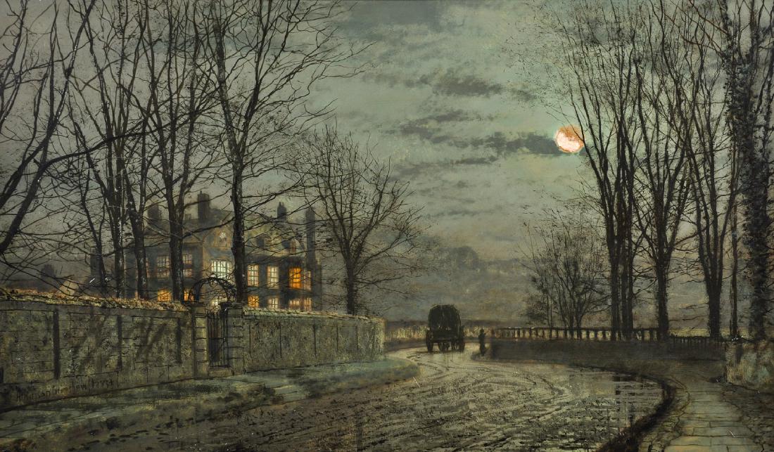 John Atkinson Grimshaw (1836-1893) British. 'A Lane By: John Atkinson Grimshaw (1836-1893) British. 'A Lane By Moonlight, with a Covered Wagon and a Lady Walking in the Distance', and a Country House lit by Candlelight in the distance, Oil on Board laid do
