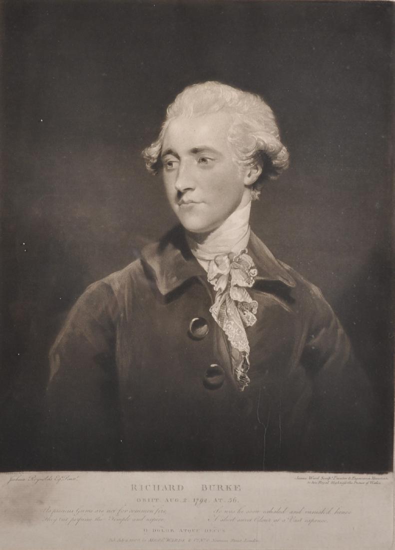 James Ward (1769-1859) British after Joshua Reynolds: James Ward (1769-1859) British after Joshua Reynolds (1723-1792) British. Portrait of Richard Burke, Engraving, in a Gold Leaf Frame, Overall 15" x 11".