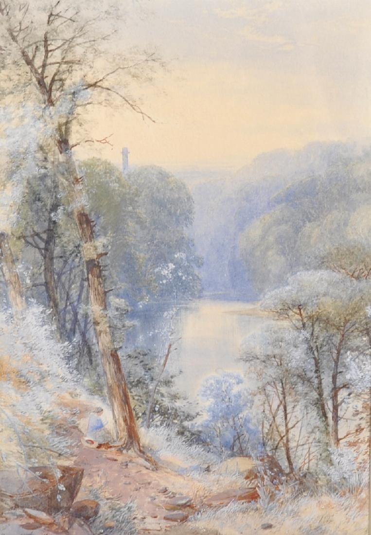 James Burrell Smith (1822-1897) British. A Path along a: James Burrell Smith (1822-1897) British. A Path along a River, with a Tower in the distance, Watercolour, Signed and Dated 1865, 9.75" x 6.75".