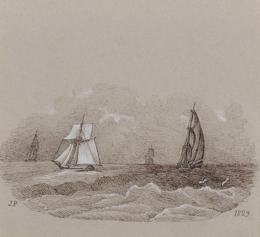 19th Century English School. A Sailing Boat on Choppy: 19th Century English School. A Sailing Boat on Choppy Water, Pen heightened with white, Signed with initials 'J.P.' and Dated 1829, 3.5" x 3.75", and the companion piece, a pair (2).