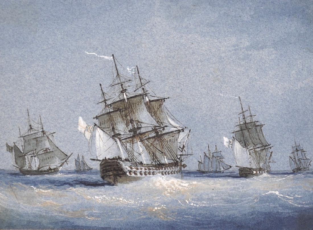 Circle of Charles Taylor (act.1836-1871) British.: Circle of Charles Taylor (act.1836-1871) British. Shipping in Choppy Waters, Watercolour, Unframed, 4" x 5.75".