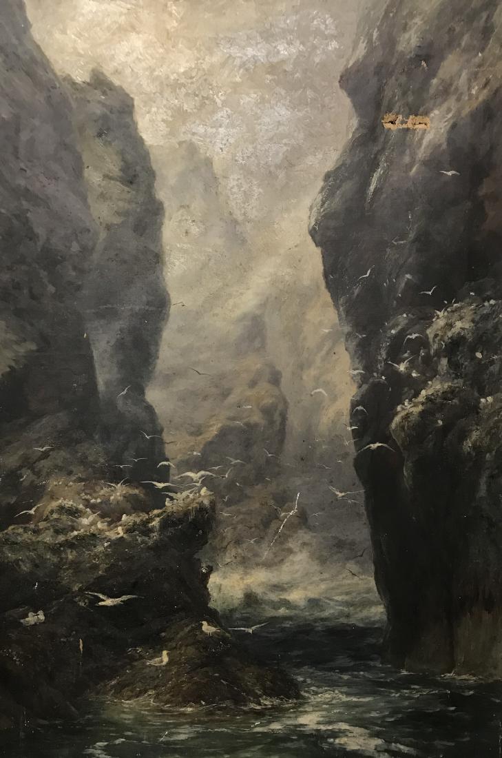 19th Century English School. Seagulls on the Rocks at: 19th Century English School. Seagulls on the Rocks at the Entrance to the Sea, Oil on Canvas, Signed with Initials 'ACP' and Dated '97, Unframed, 36" x 25".