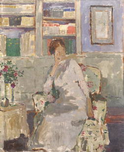 Circle of Arthur Ambrose McEvoy (1878-1927) British.: Circle of Arthur Ambrose McEvoy (1878-1927) British. Portrait of a Lady Seated In a Chair, Oil on Unstretched Canvas, Unframed, 17.5" x 14.75".