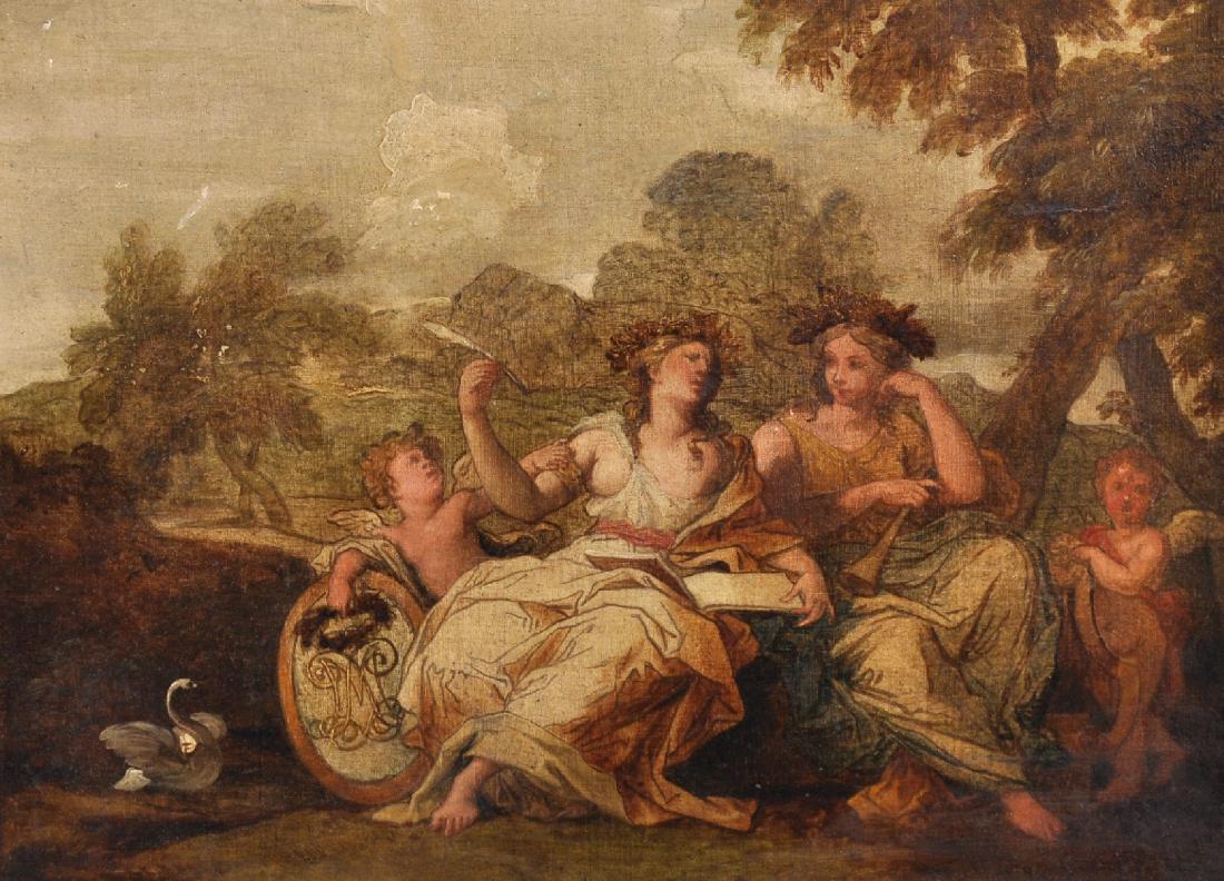 Early 19th Century French School. Allegorical Figures: Early 19th Century French School. Allegorical Figures in a Landscape with a Swan, Oil on Canvas, 9" x 12".