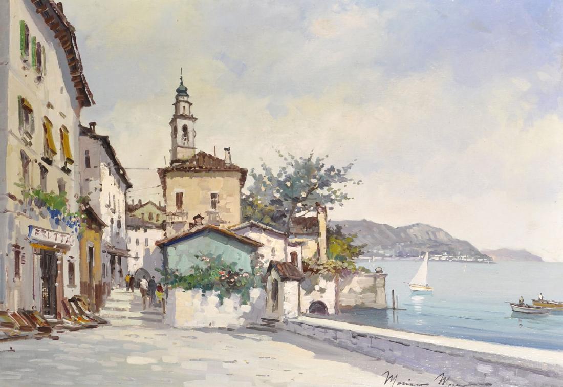 Mariano Moreno (1912-1990) Italian. An Italian Lakeside: Mariano Moreno (1912-1990) Italian. An Italian Lakeside Town, Oil on Canvas laid down, Signed, 24.5" x 37".
