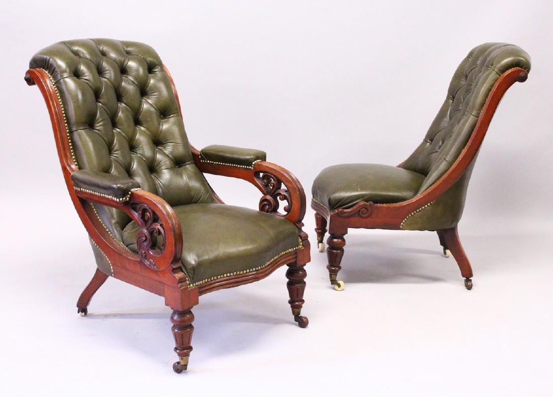 A GOOD 19TH CENTURY MAHOGANY FRAMED AND LEATHER: A GOOD 19TH CENTURY MAHOGANY FRAMED AND LEATHER UPHOLSTERED BUTTON BACK ARMCHAIR; together with the matching side chair.