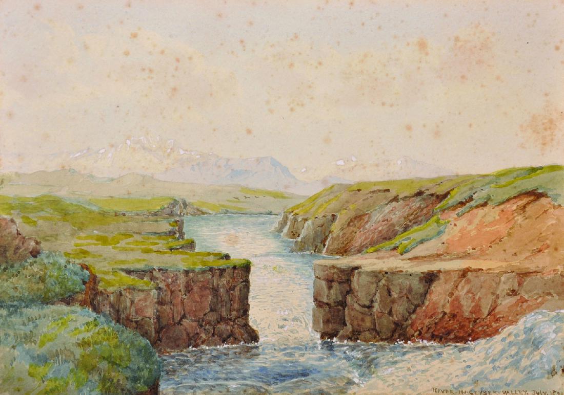 Circle of Thomas Moran (1837-1926) American. "River in: Circle of Thomas Moran (1837-1926) American. "River in Geyser Valley (Russia)", a River Landscape, Watercolour, Inscribed and Dated 1898, Unframed, 10" x 14".