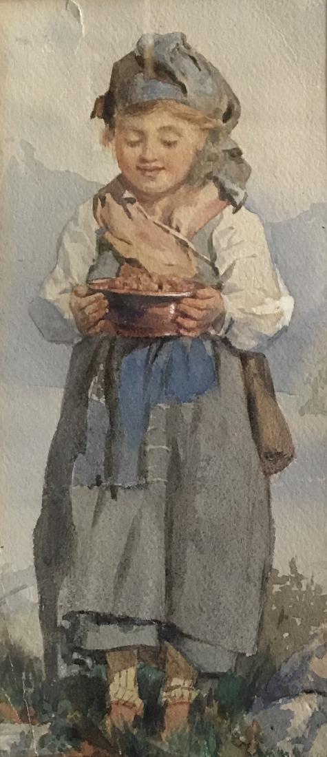 19th Century Italian School. A Young Girl holding a: 19th Century Italian School. A Young Girl holding a Bowl, with a Mountainous River Landscape beyond, Watercolour, 10" x 4.5".