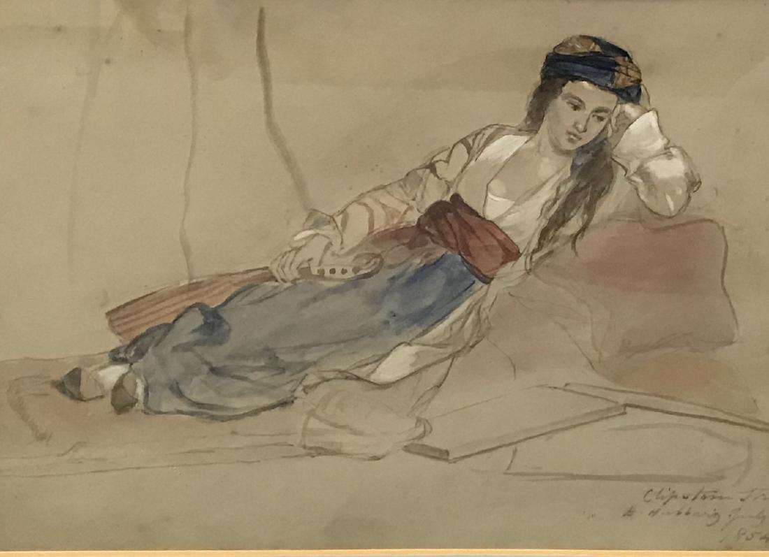 19th Century English School. Portrait of a Lady,: 19th Century English School. Portrait of a Lady, reclining on a Day Bed in Oriental Dress, Watercolour, Signed 'B Hubbaring', Dated July 1854, and Inscribed 'Clipstone Street', 9.5" x 13.25".