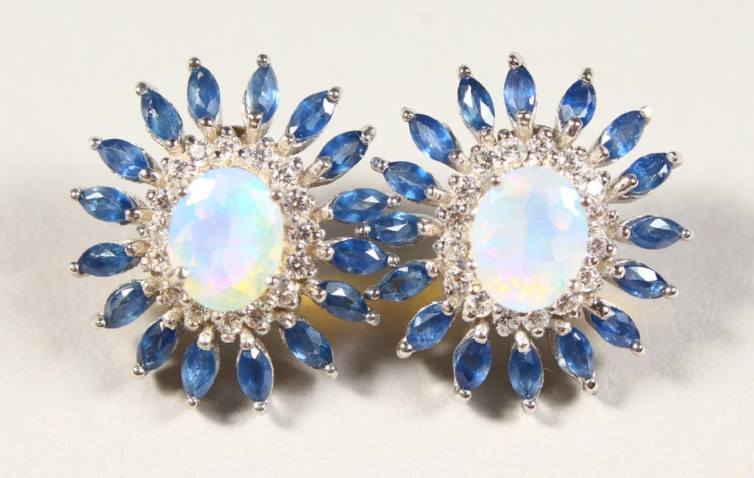 A GOOD PAIR OF MOONSTONE AND SAPPHIRE EARRINGS.: A GOOD PAIR OF MOONSTONE AND SAPPHIRE EARRINGS.
