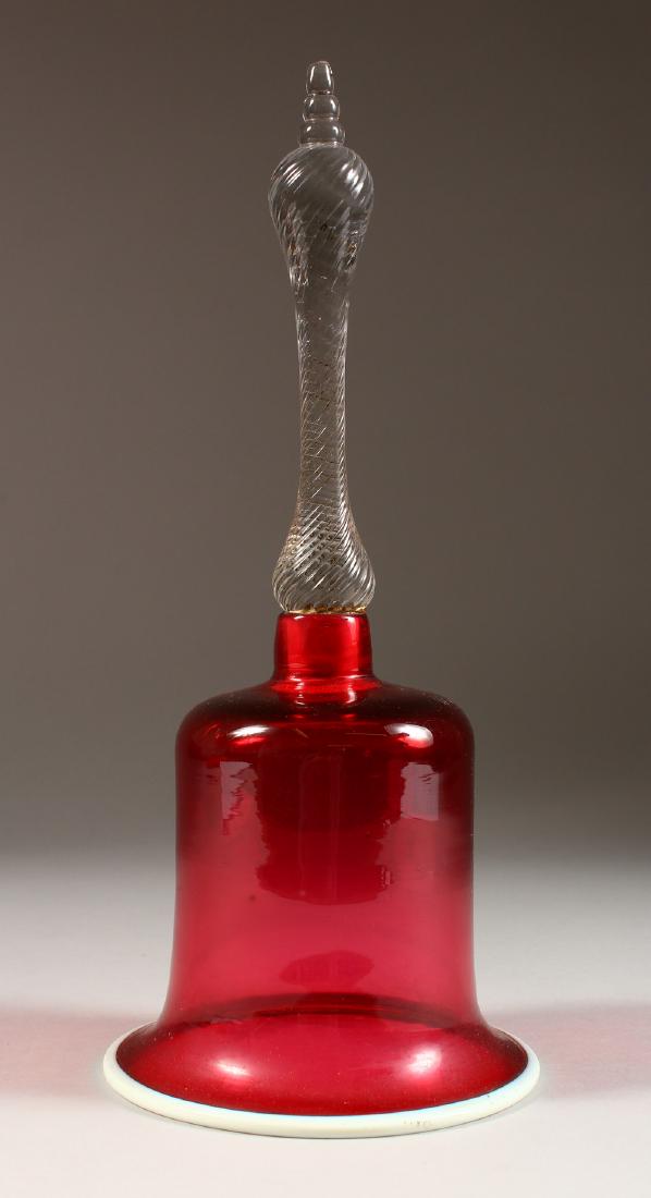 A GOOD VICTORIAN NAILSEA CRANBERRY GLASS BELL. 12ins: A GOOD VICTORIAN NAILSEA CRANBERRY GLASS BELL. 12ins high.