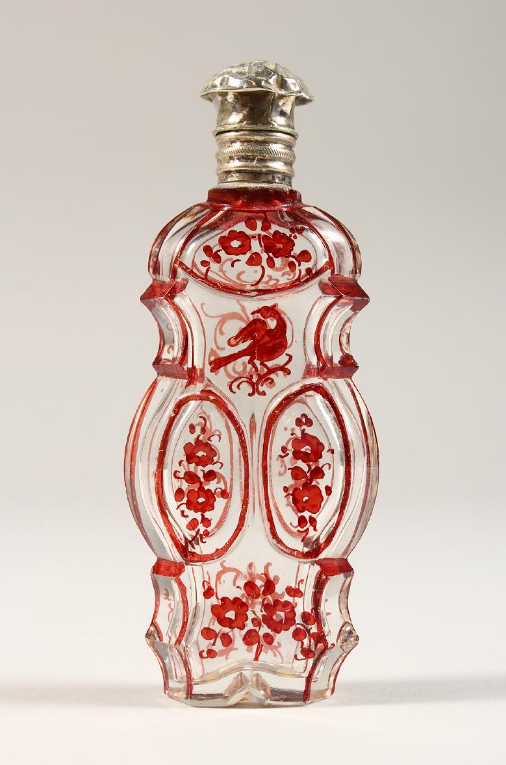 A VICTORIAN RUBY DECORATED SILVER TOP SCENT BOTTLE. (1 of 5)