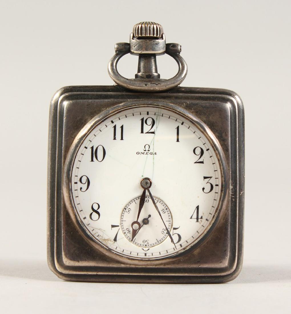 A SQUARE SILVER OMEGA FOOTBALL POCKET WATCH. (1 of 7)
