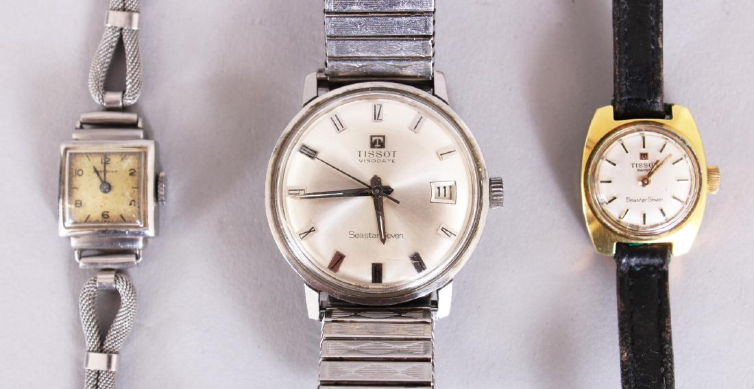 A GENTLEMAN'S TISSOT STAINLESS STEEL WRISTWATCH, with a: A GENTLEMAN'S TISSOT STAINLESS STEEL WRISTWATCH, with a ladies Tissot wristwatch and a ladies Longines wristwatch.