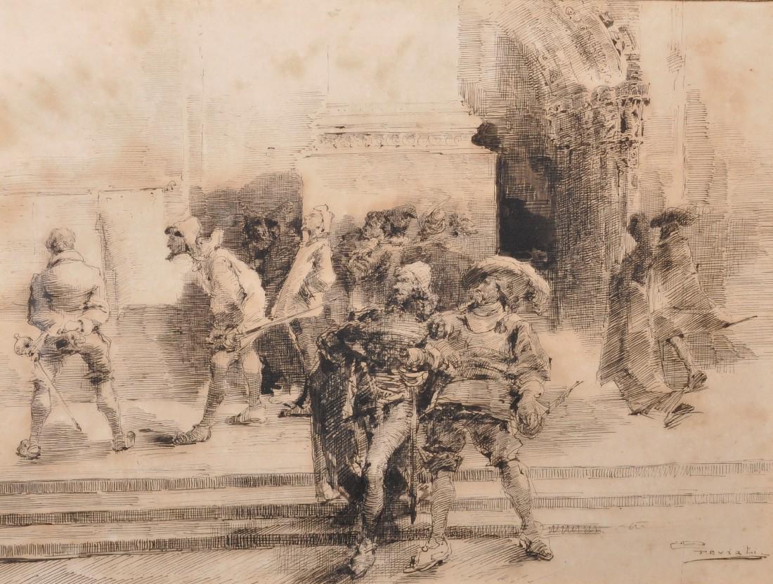Gaetano Previati (1852-1920) Italian. Soldiers on the: Gaetano Previati (1852-1920) Italian. Soldiers on the Cathedral Steps, Etching, 8.75" x 11.75", and another by the same hand, Two (2).