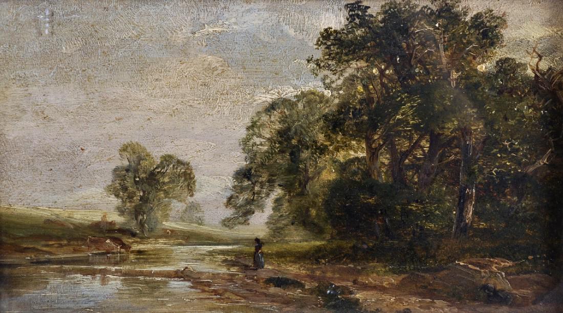 Circle of John Constable (1776-1837) British. A River: Circle of John Constable (1776-1837) British. A River Landscape with a Figure on the Bank, and Cattle Watering, Oil on Panel, 5.25" x 9.25".