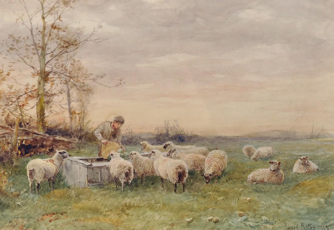 David Bates (1840-1921) British. A Landscape, with a: David Bates (1840-1921) British. A Landscape, with a Young Boy Feeding the Sheep, Watercolour, Signed and Dated 1909, 10" x 14".