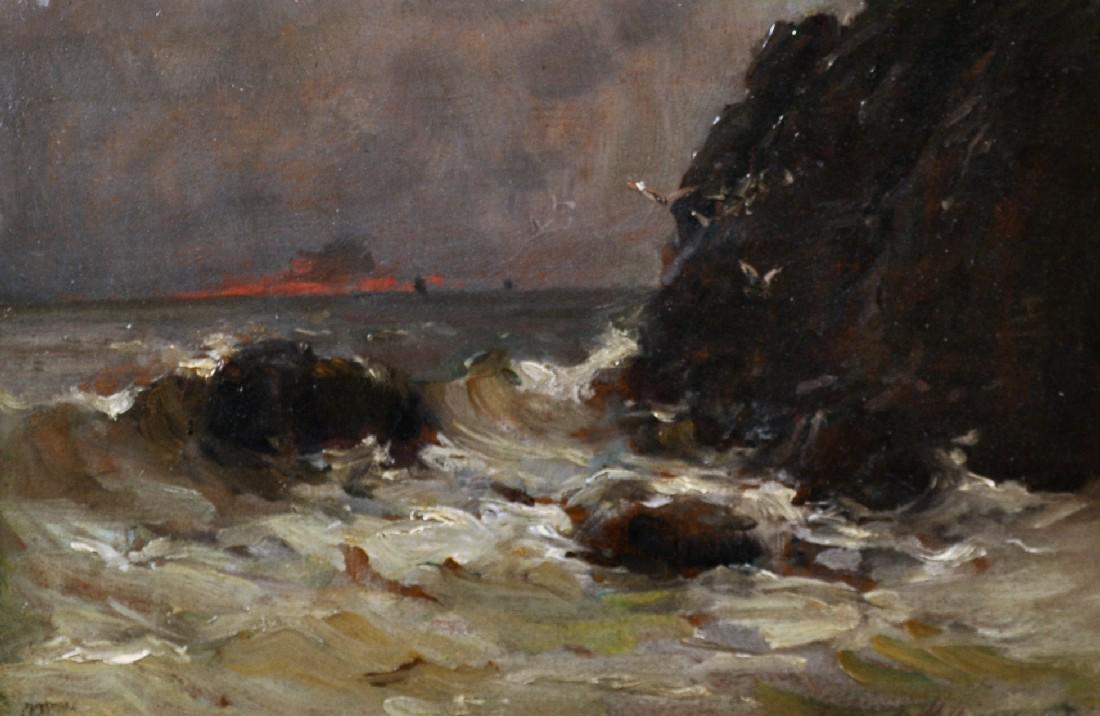 Terrick John Williams (1860-1936) British. "Landskap: Terrick John Williams (1860-1936) British. "Landskap och Marin o Genremal", Waves Crashing onto Rocks, Oil on Panel, Signed and Dated '08, 7.75" x 11.5".