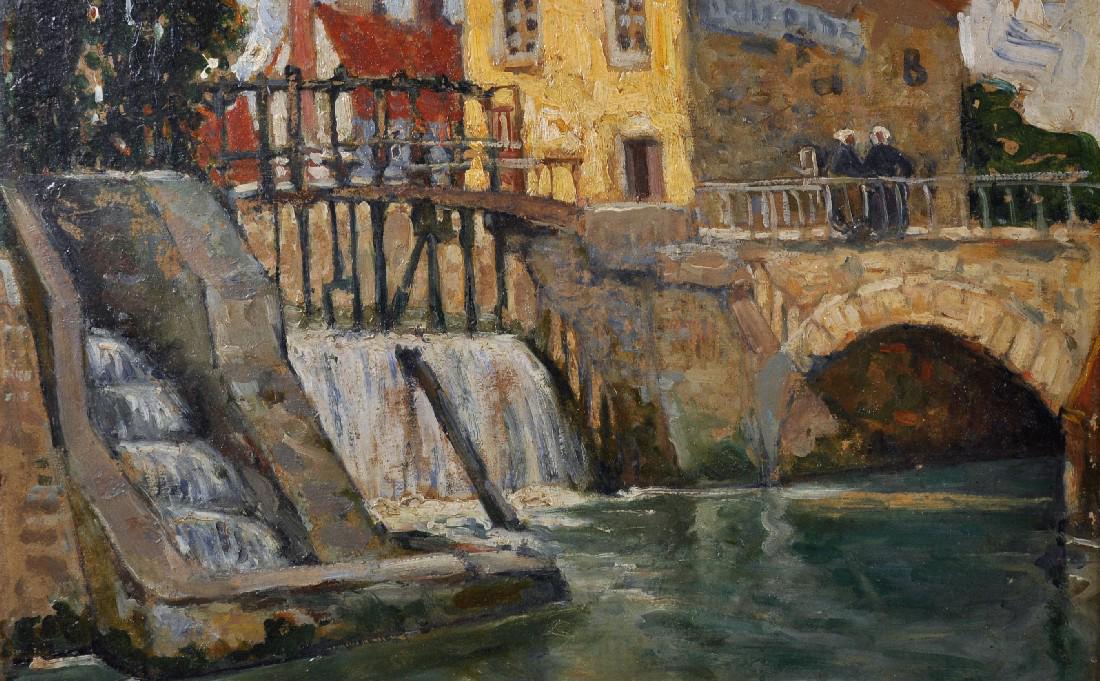 Terrick John Williams (1860-1936) British. Figures on a: Terrick John Williams (1860-1936) British. Figures on a Bridge by a Waterfall, Oil on Board, 9" x 13.5".