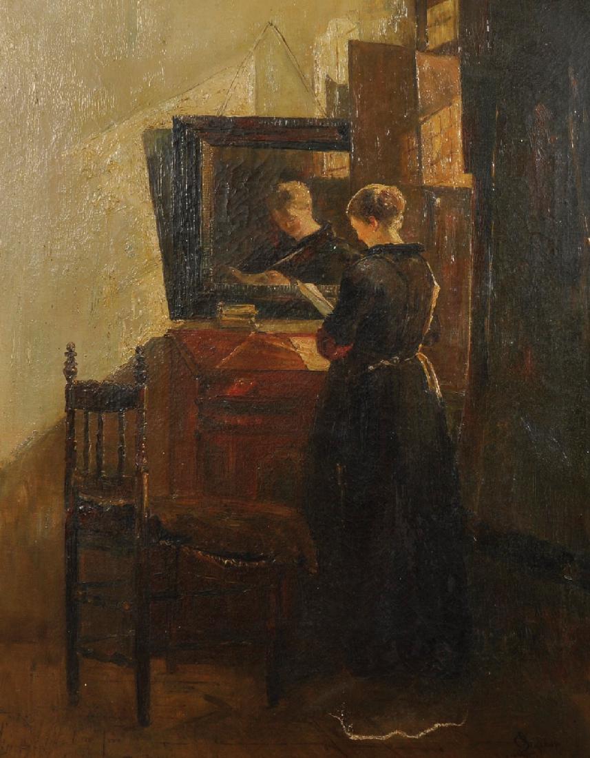 Christoffel Bisschop (1828-1904) Dutch. Study of a Lady: Christoffel Bisschop (1828-1904) Dutch. Study of a Lady at her Writing Table, with a Reflection in the Mirror, Oil on Canvas, Signed, 29.5" x 21.75".
