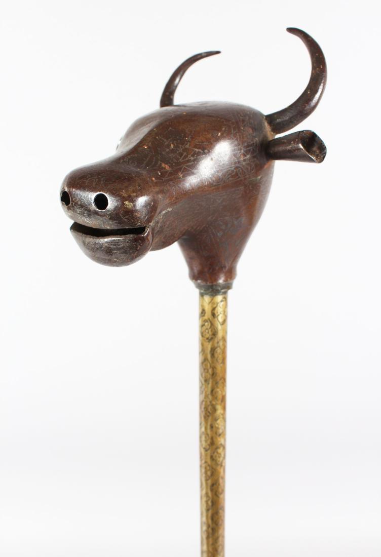 A 19TH CENTURY PERSIAN SILVER AND BRASS INLAID MACE, (1 of 4)