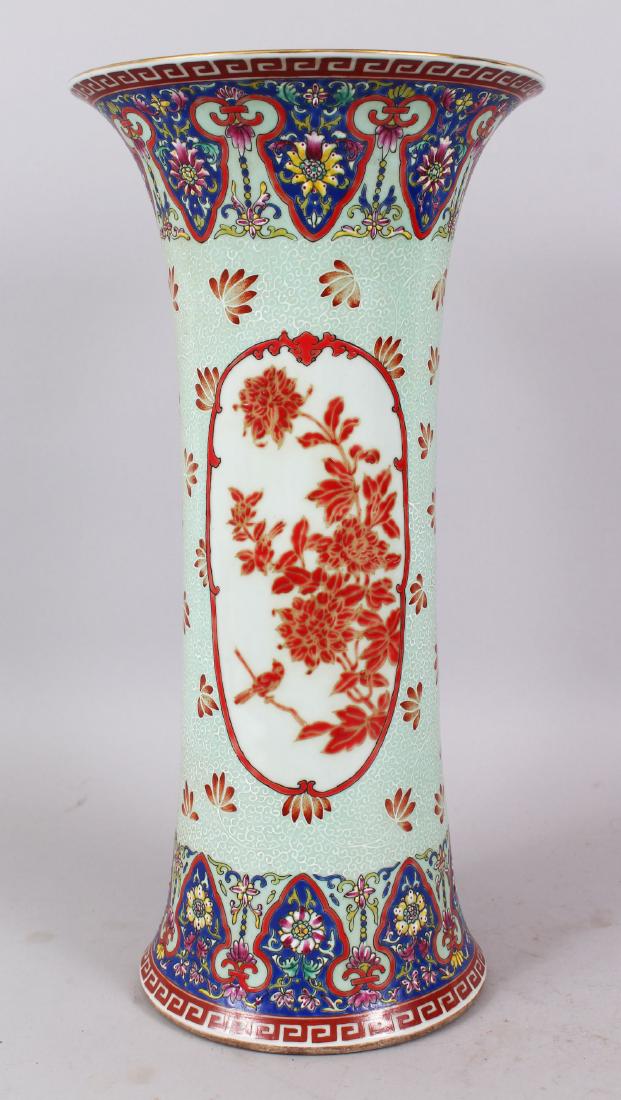 A LATER KANG HSI FAMILLE ROSE VASE, printed mark in: A LATER KANG HSI FAMILLE ROSE VASE, printed mark in blue. 40cm high.