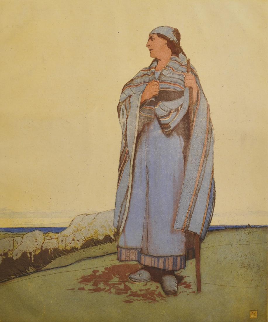 William Lee Hankey (1869-1952) British. "Shepherdess",: William Lee Hankey (1869-1952) British. "Shepherdess", Coloured Etching, with Printers Guild Stamp, 11.5" x 9.5".