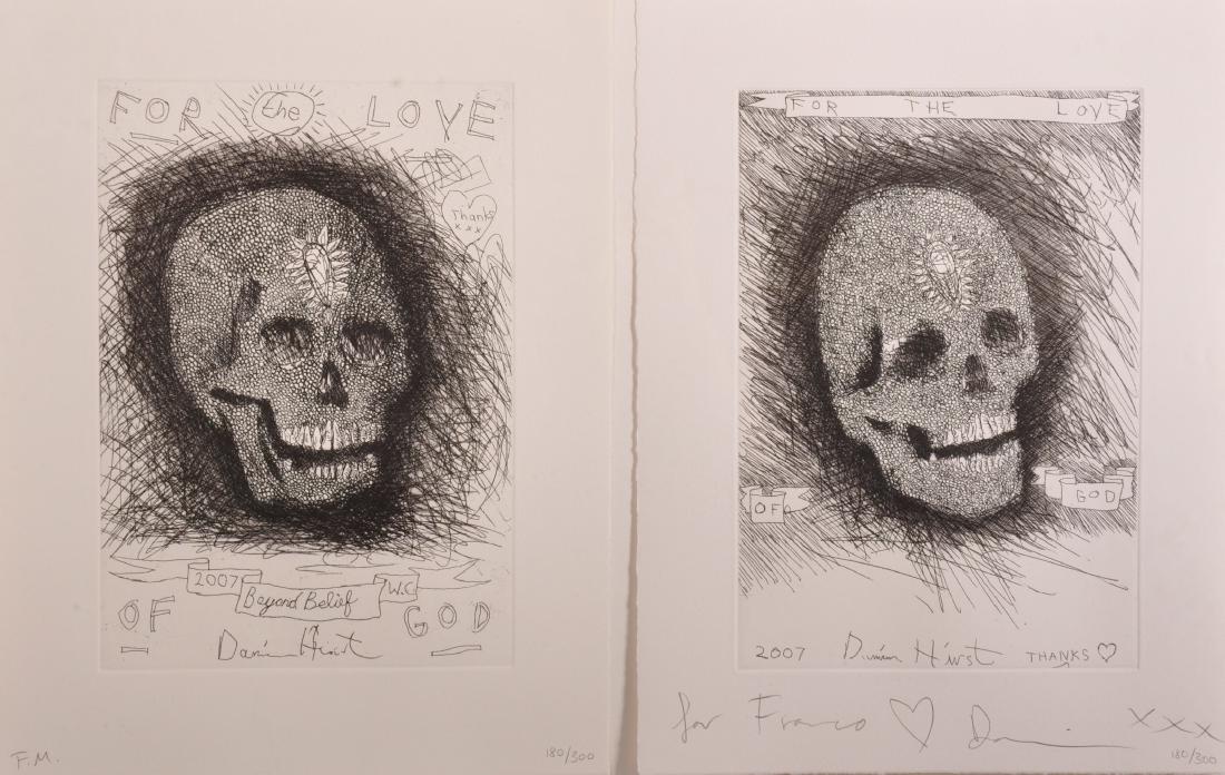 Damien Hirst (1965- ) British. "Beyond Belief", a: Damien Hirst (1965- ) British. "Beyond Belief", a Skull Study and a companion piece, "For the Love of God", Framed as One, Etching, Signed, Inscribed 'To Franco' with a heart and 'xxx', and Numbered 1