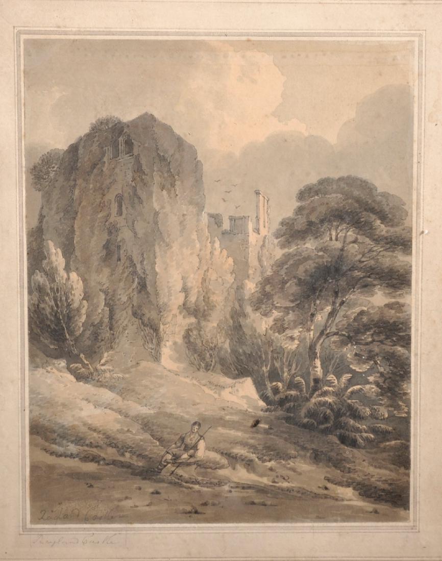 Circle of John White Abbott (1763-1851) British.: Circle of John White Abbott (1763-1851) British. "Ragland Castle (Monmouthshire)", with a Figure seated in the foreground, Watercolour and Wash, Inscribed in Pencil, 9.75" x 7.75".