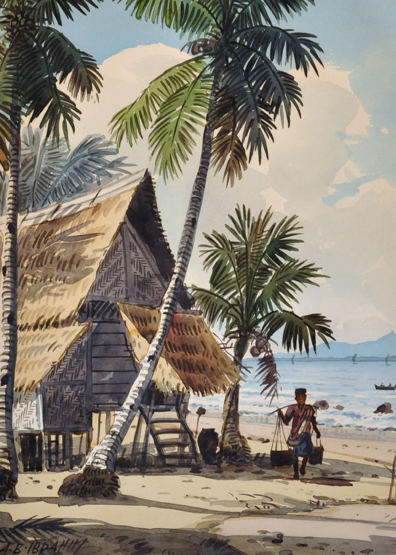 Abu Bakar Ibrahim (1925-1977) Malaysian. A Figure: Abu Bakar Ibrahim (1925-1977) Malaysian. A Figure Carrying Water on a Beach by a Hut under Palm Trees, Watercolour, Signed, Unframed, 14" x 10", and Six other works by the same hand, Seven (7).