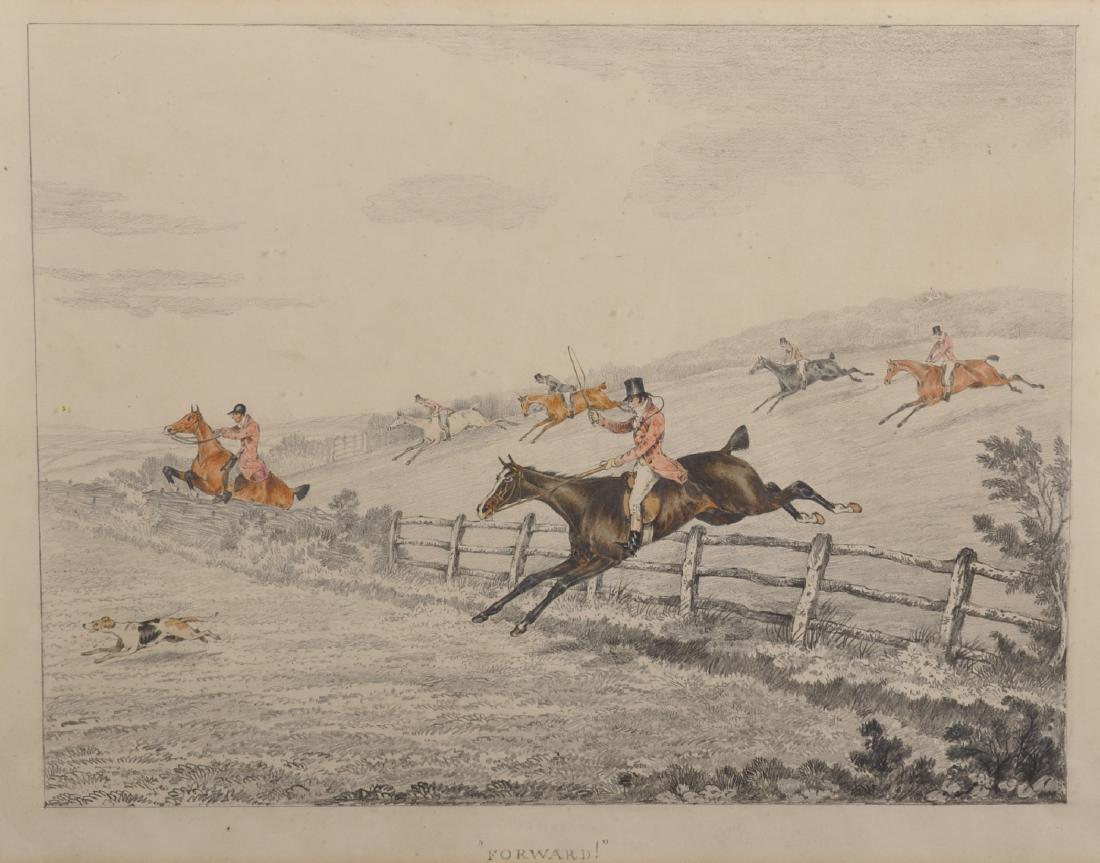 Attributed to Henry Thomas Alken (1785-1851) British.: Attributed to Henry Thomas Alken (1785-1851) British. "Forward!", Huntsmen following the Hounds across a Fence, Watercolour and Pencil, Inscribed, 10.5" x 14", and Five other Companion pieces "Whoo-Wh