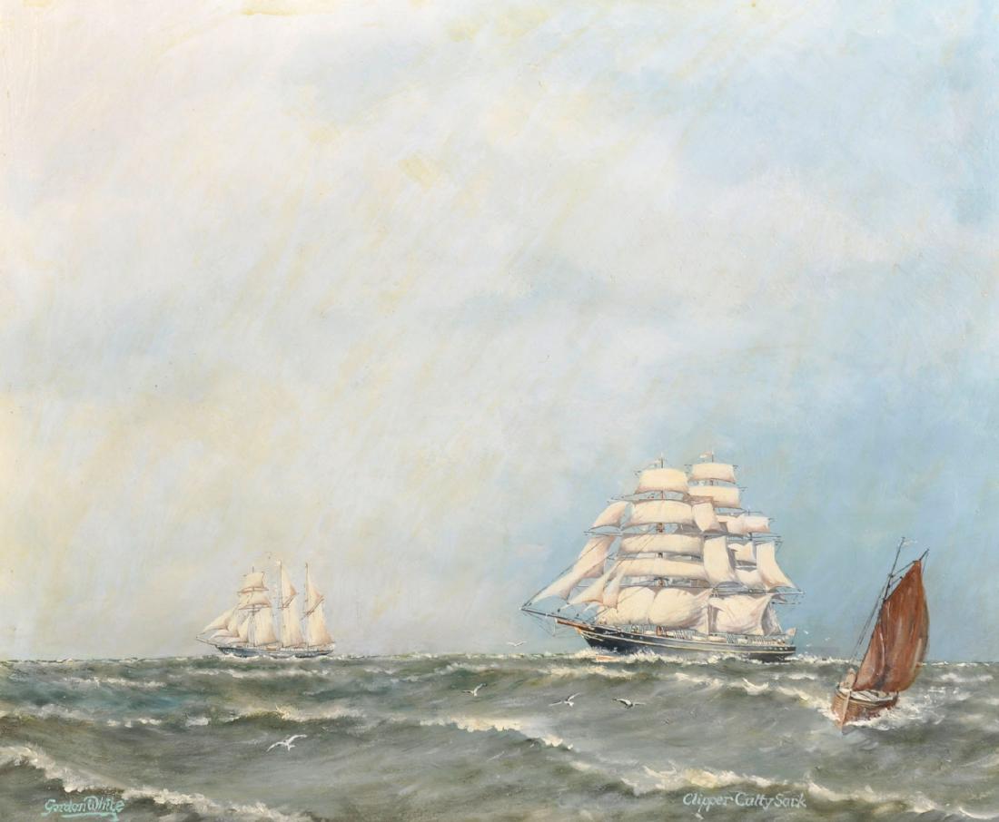 Gordon White (20th Century) British. "Clipper Cutty: Gordon White (20th Century) British. "Clipper Cutty Sark", Oil on Board, Signed and Inscribed, 17" x 21".