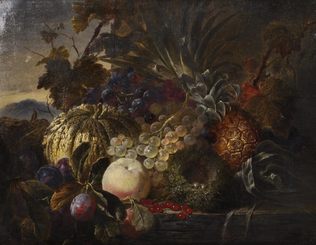 James Charles Ward (act.1830-1875) British. A Still: James Charles Ward (act.1830-1875) British. A Still Life of Fruit on a Ledge, with a Bird's Nest and Wicker Basket below, Oil on Canvas, Signed, 16" x 20.25".