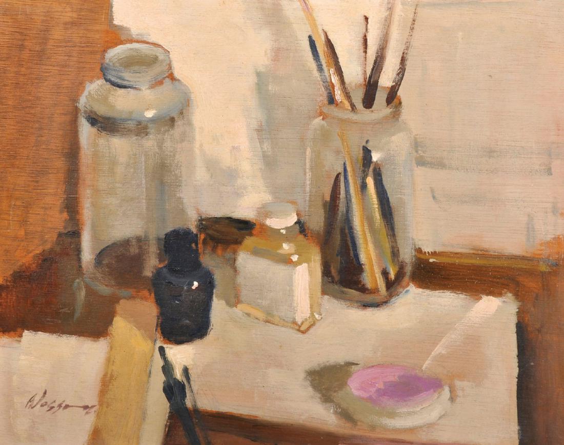 Edward Wesson (1910-1983) British. Still Life of the: Edward Wesson (1910-1983) British. Still Life of the Artist's Pots, Jars and Brushes, with a Dish of Pink Paint on a Side Table, Oil on Panel, Signed, 15.75" x 20".