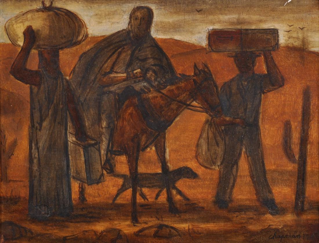 Grover Chapman (20th Century) American. "O Mascate",: Grover Chapman (20th Century) American. "O Mascate", Figures with a Donkey and a Dog, Oil on Board, Signed and Dated '79, and Inscribed on reverse, 8.5" x 10.75".