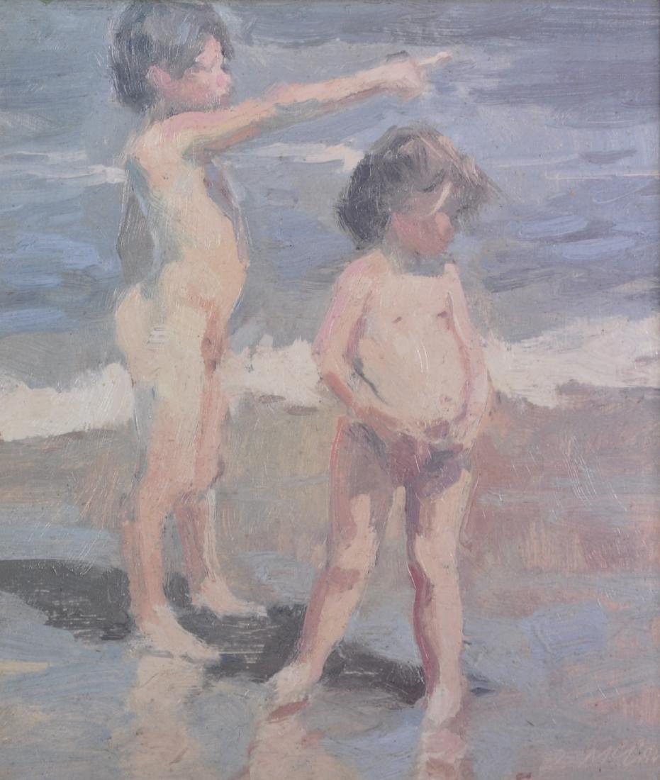 Dan McCaw (1942- ) American. "Children at the: Dan McCaw (1942- ) American. "Children at the Beach", Oil on Panel, Signed, 12" x 10.5".