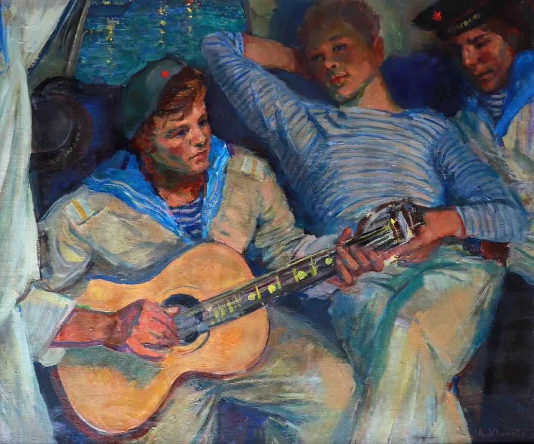 Kira Sergeevna Ivanova (1928- ) Russian. "Sea Men: Kira Sergeevna Ivanova (1928- ) Russian. "Sea Men Listening to the Guitar", with seated Sailors, Oil on Canvas, Signed in Cyrillic, and Signed, Inscribed and Dated 1967 on reverse in Cyrillic, 23.5" x