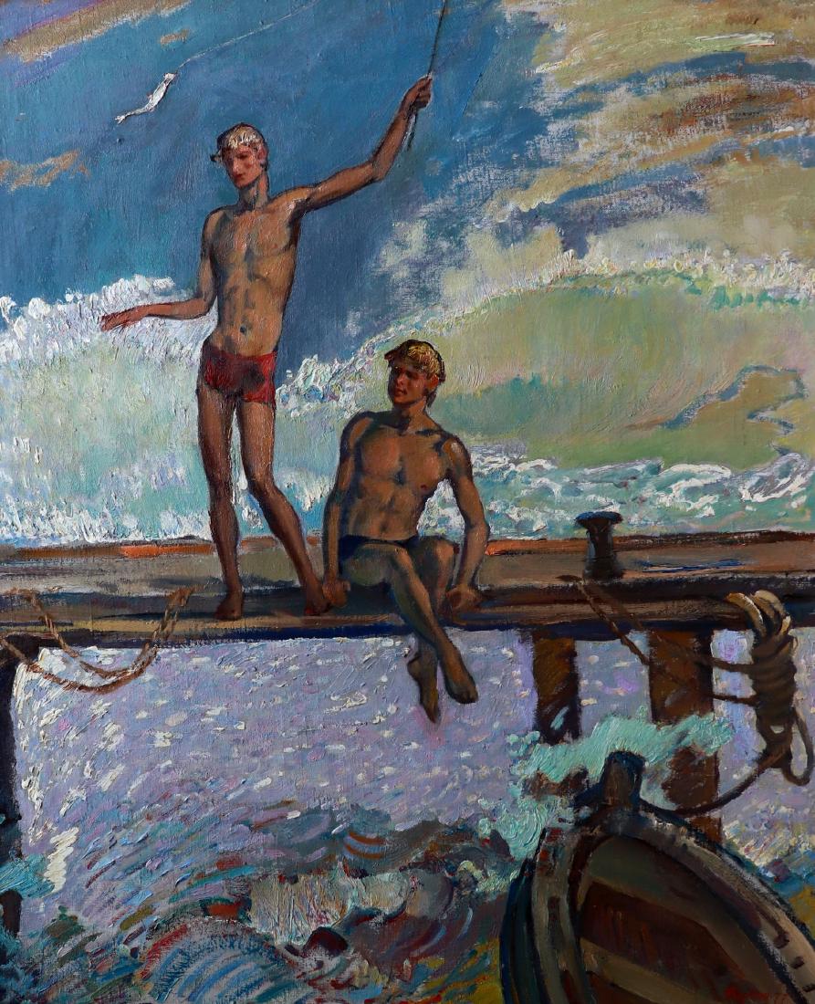Boris Feodorovich Borzine (1922-1991) Russian.: Boris Feodorovich Borzine (1922-1991) Russian. "Fishing", Two Young Men sitting on a Bridge Fishing, Oil on Canvas, Signed and Dated '77 in Cyrillic, and Signed, Inscribed, and Dated 1977 on reverse i