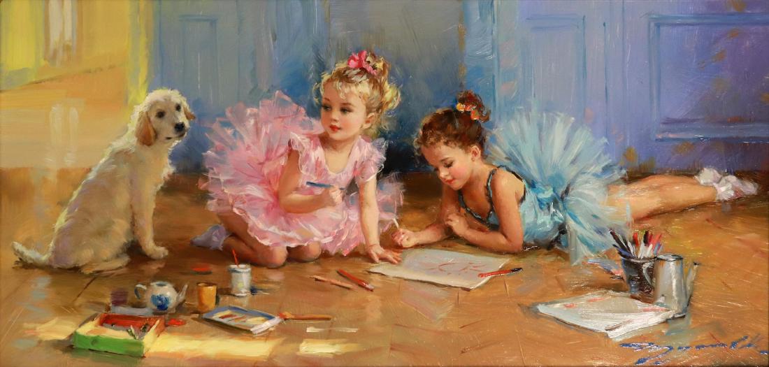 Konstantin Razumov (1974- ) Russian. "A Drawing: Konstantin Razumov (1974- ) Russian. "A Drawing Lesson", Two Young Girls and a Puppy, lying on the Floor, Oil on Canvas, Signed in Cyrillic, and Signed and Inscribed on reverse in Cyrillic, 8" x 16".
