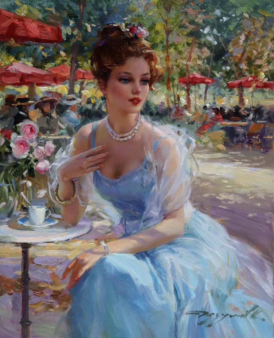 Konstantin Razumov (1974- ) Russian. "In the Cafe of: Konstantin Razumov (1974- ) Russian. "In the Cafe of the Tuilleries", An Elegant Young Lady seated at a Cafe Table, Oil on Canvas, Signed in Cyrillic, and Signed and Inscribed on reverse in Cyrillic, 