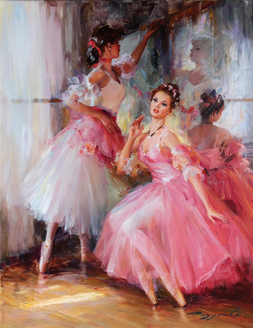 Konstantin Razumov (1974- ) Russian. "In the: Konstantin Razumov (1974- ) Russian. "In the Dressing Room", A Ballerina wearing a Pink Dress seated, with another Ballerina in a White Dress standing by her side, Oil on Canvas, Signed in Cyrillic, a