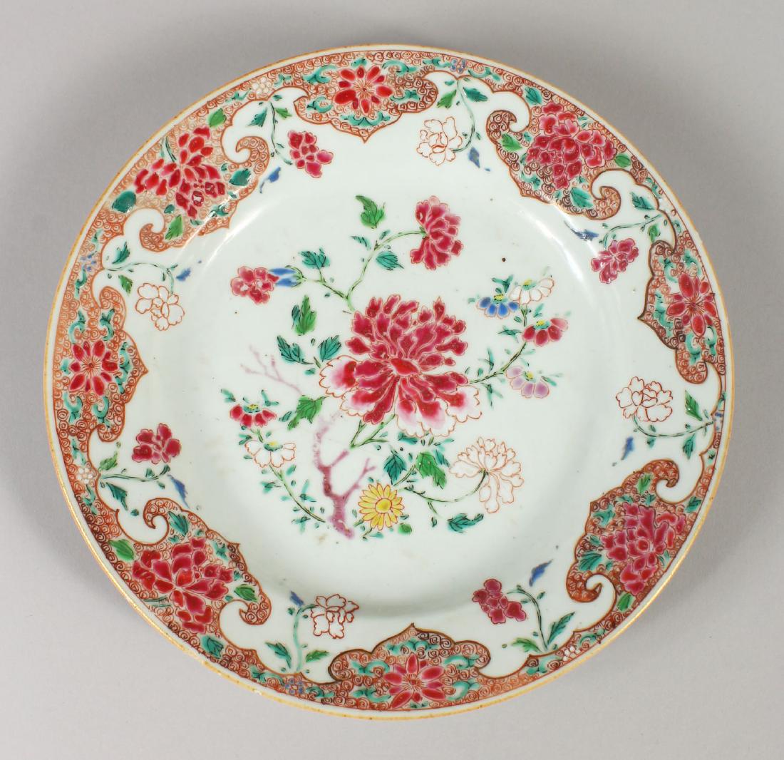 AN 18TH CENTURY CHINESE FAMILLE ROSE PORCELAIN PLATE,: AN 18TH CENTURY CHINESE FAMILLE ROSE PORCELAIN PLATE, painted to its centre with peony and other foliage, 22.2cm diameter.
