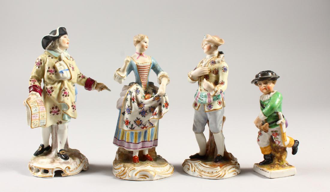 A MEISSEN FIGURE OF A YOUNG GIRL, cross swords mark in: A MEISSEN FIGURE OF A YOUNG GIRL, cross swords mark in blue, 5.5ins high, and three other porcelain figures (4).