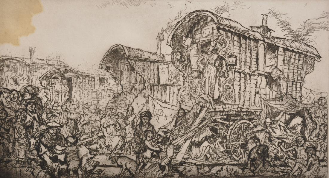 Sir Frank William Brangwyn (1867-1956) British.: Sir Frank William Brangwyn (1867-1956) British. "Roulottes", Etching, from The Frank Brangwyn Portfolio Published by E.F. D'Alignan & Paul Turpin, Paris, Signed in Pencil, and Numbered 100 on reverse,