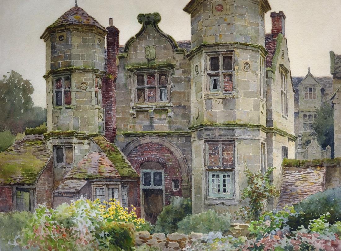 Ernest William Haslehurst (1866-1949) British. "Madeley: Ernest William Haslehurst (1866-1949) British. "Madeley Court, Shropshire", Watercolour, Signed and Inscribed on a label on the reverse, 20" x 28".
