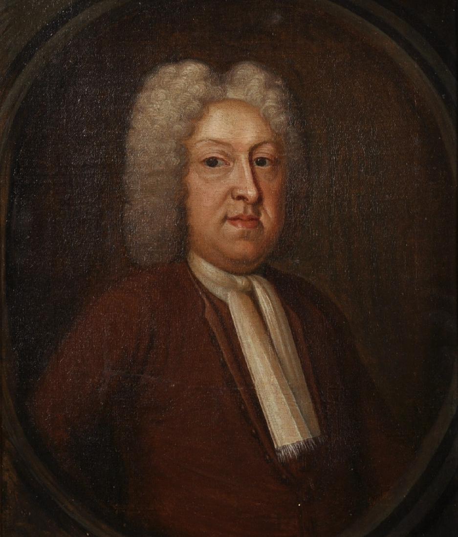 18th Century English School. Bust Portrait of a Wigged: 18th Century English School. Bust Portrait of a Wigged Man, wearing a Brown Coat with a White Stock, Oil on Canvas, Painted Oval, 15" x 12.5".