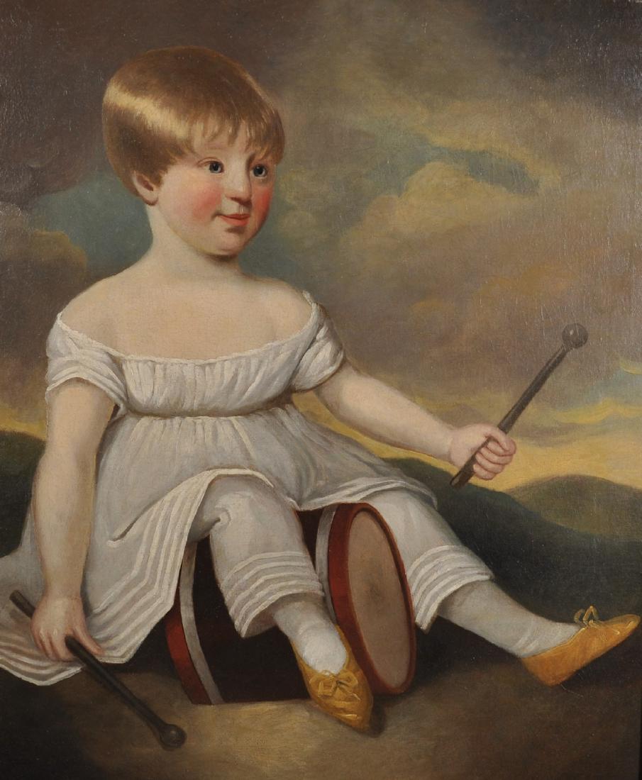 Early 19th Century American School. A Young Child with: Early 19th Century American School. A Young Child with a Drum and Sticks, Oil on Canvas, 33.5" x 28".