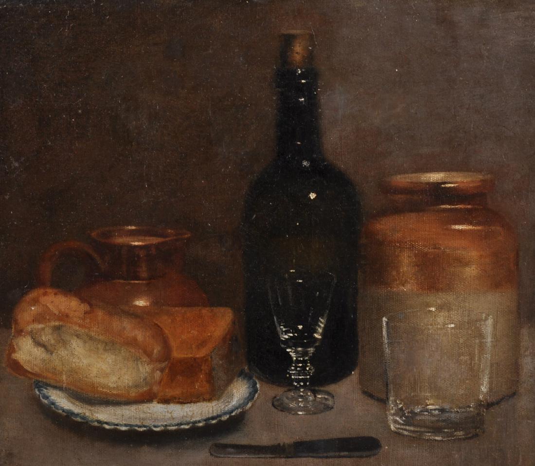 Early 19th Century English School. Still Life of Bread,: Early 19th Century English School. Still Life of Bread, Black Bottle, Brown Jug with Glasses and a Knife, Oil on Canvas, in a Maple Frame, 14" x 16".